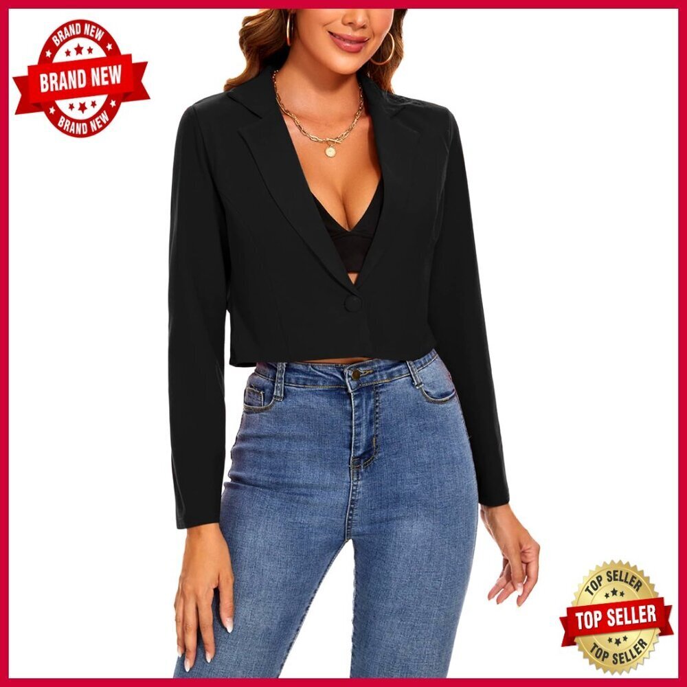 Cropped Blazer Long Sleeve Notched Lapel Button Jacket Office Work Casual